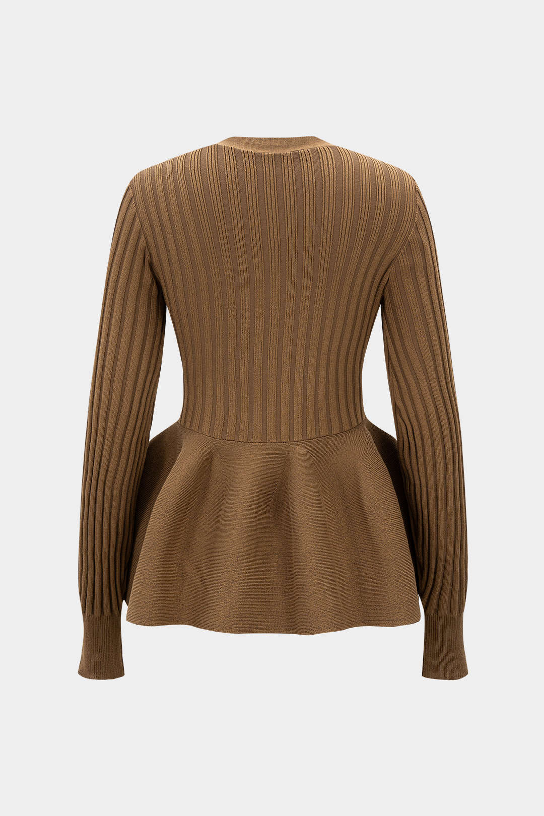 Knit V-Neck Puff Hem Ribbed Long-Sleeve Top - Flockneti