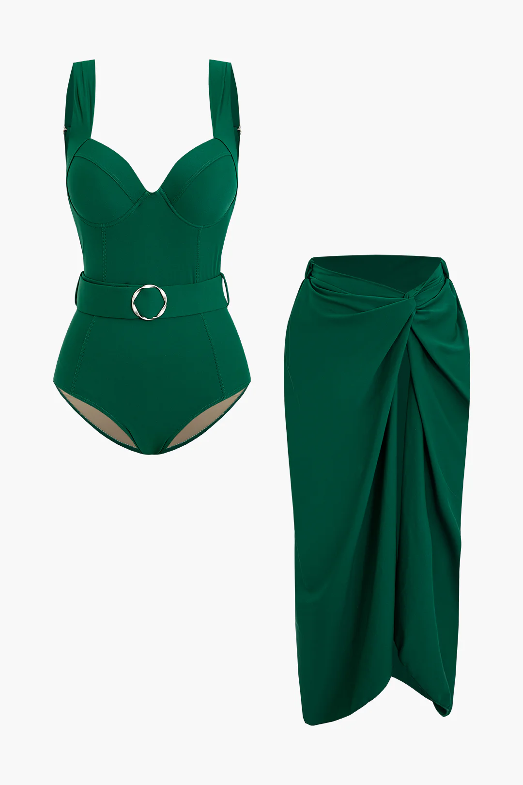 Metallic Decor Belt Asymmetrical Ruched Backless Bikini Set - Flockneti