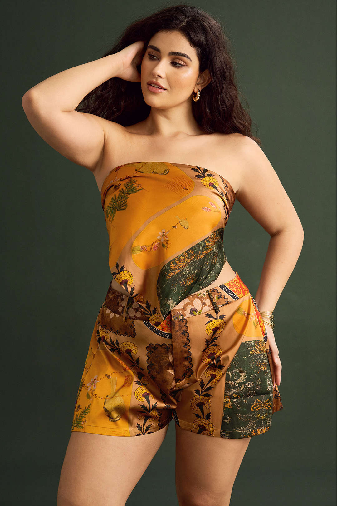 Plus Size Retro Print Satin Tie Front Tube Top - Flockneti