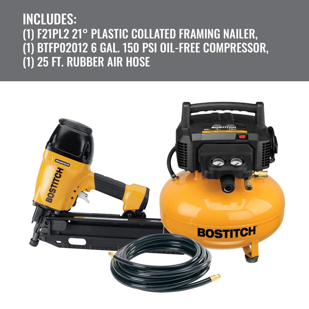 Bostitch 21 Pneumatic Framing Nailer Compressor & Hose Combo Kit - Flockneti
