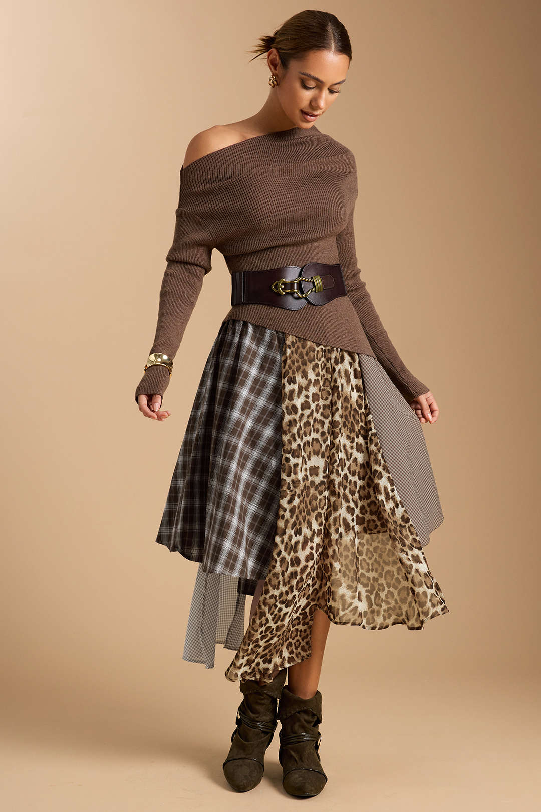 Plaid Leopard Print Patchwork Irregular Skirt - Flockneti