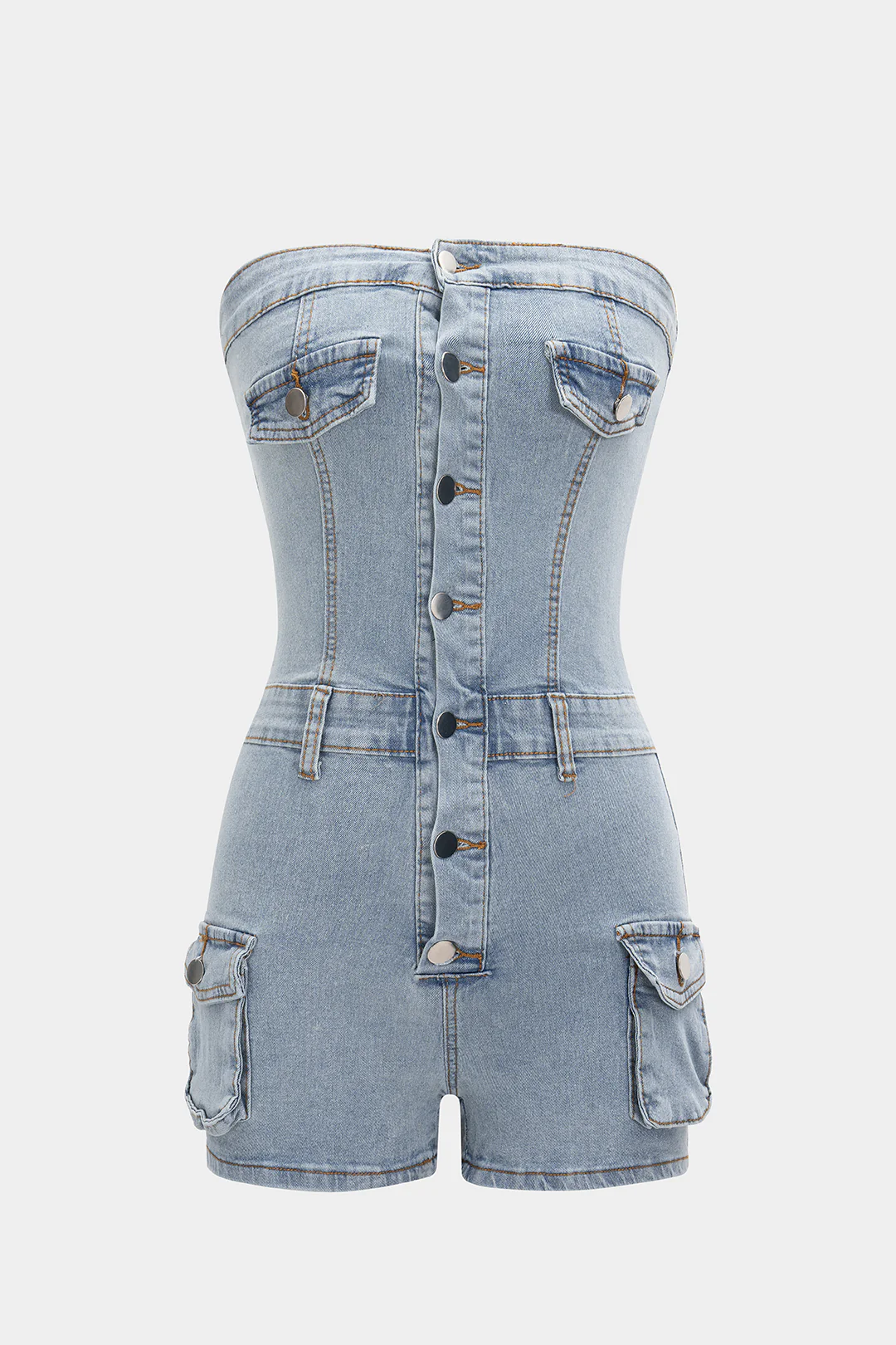 Strapless Button Denim Romper - Flockneti
