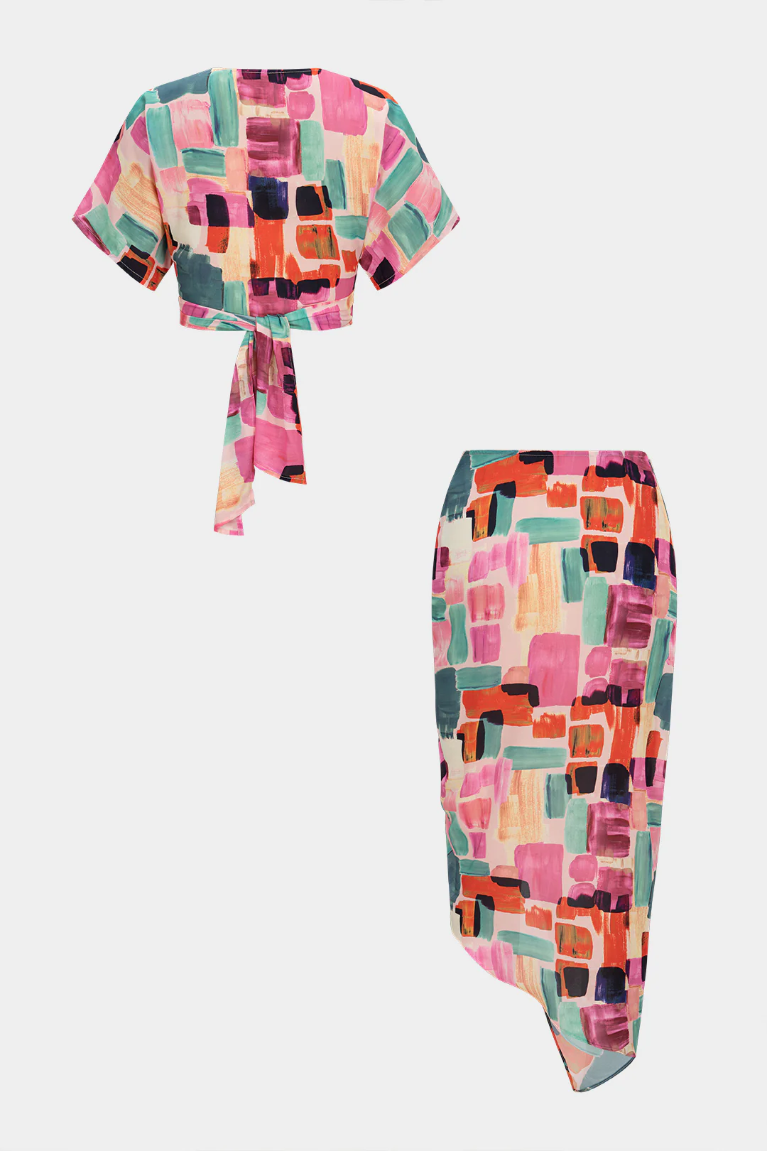 Abstract Print V-Neck Tie-Up Short Sleeves Top And Asymmetrical Drawstring Ruched Skirt Set - Flockneti