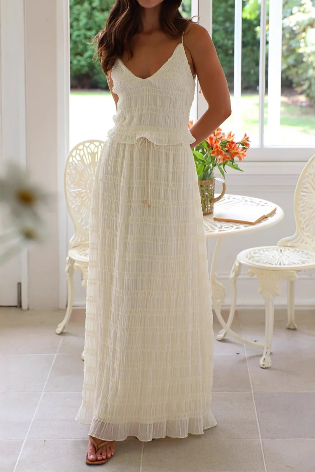 Chiffon Lace Trim Ruched Cami Top And Drawstring Long Skirt Set - Flockneti