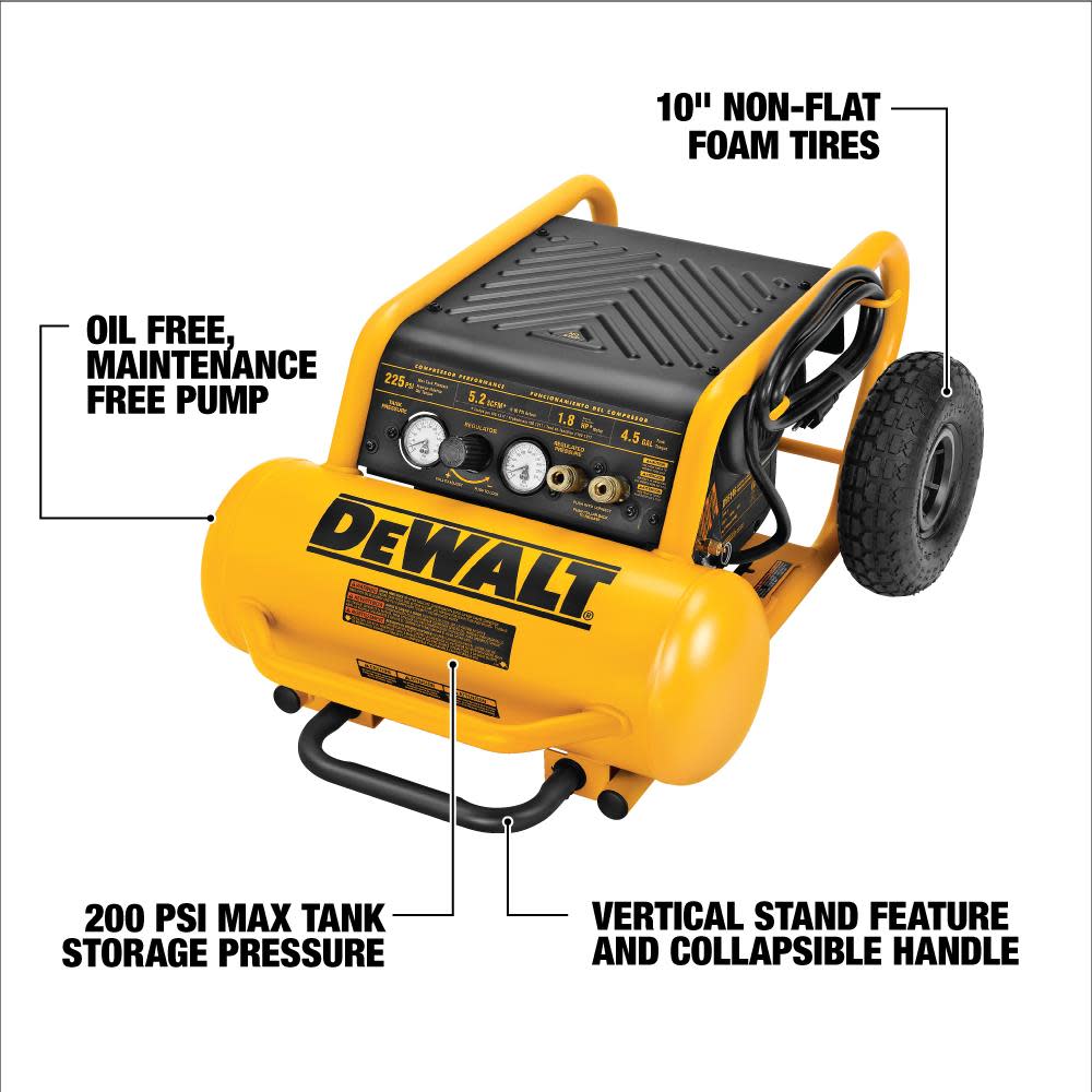 DEWALT HEAVY-DUTY 200PSI 4.5 GALLON ELECTRIC WHEELED COMPRESSOR (D55146) - Flockneti