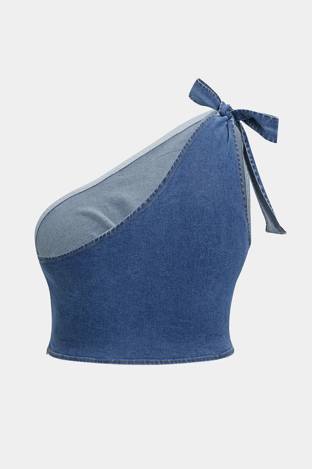 Plus Size Denim Zipper Asymmetrical Knotted Crop Top - Flockneti