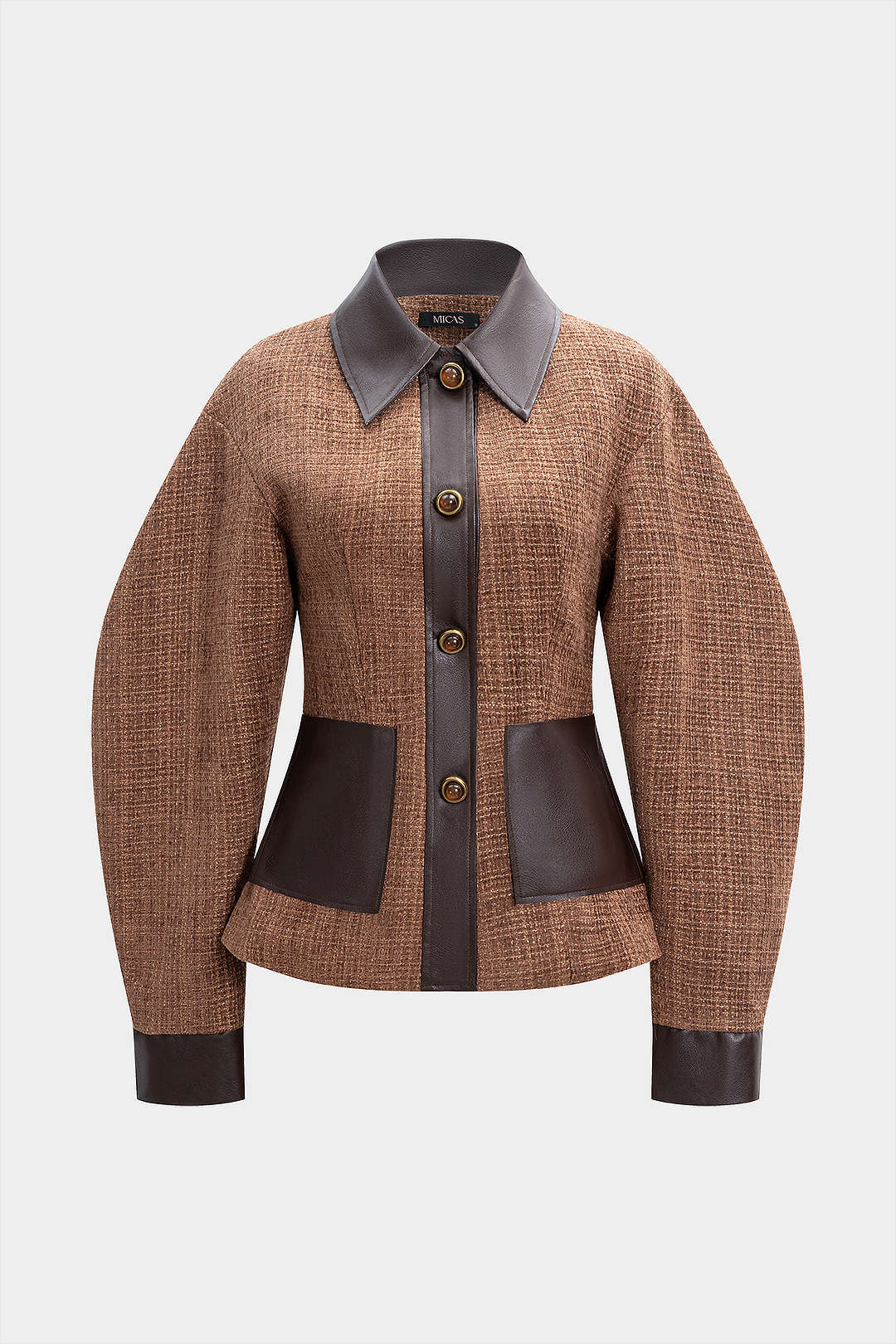 Faux Leather Patchwork Gigot Sleeve Jacket - Flockneti