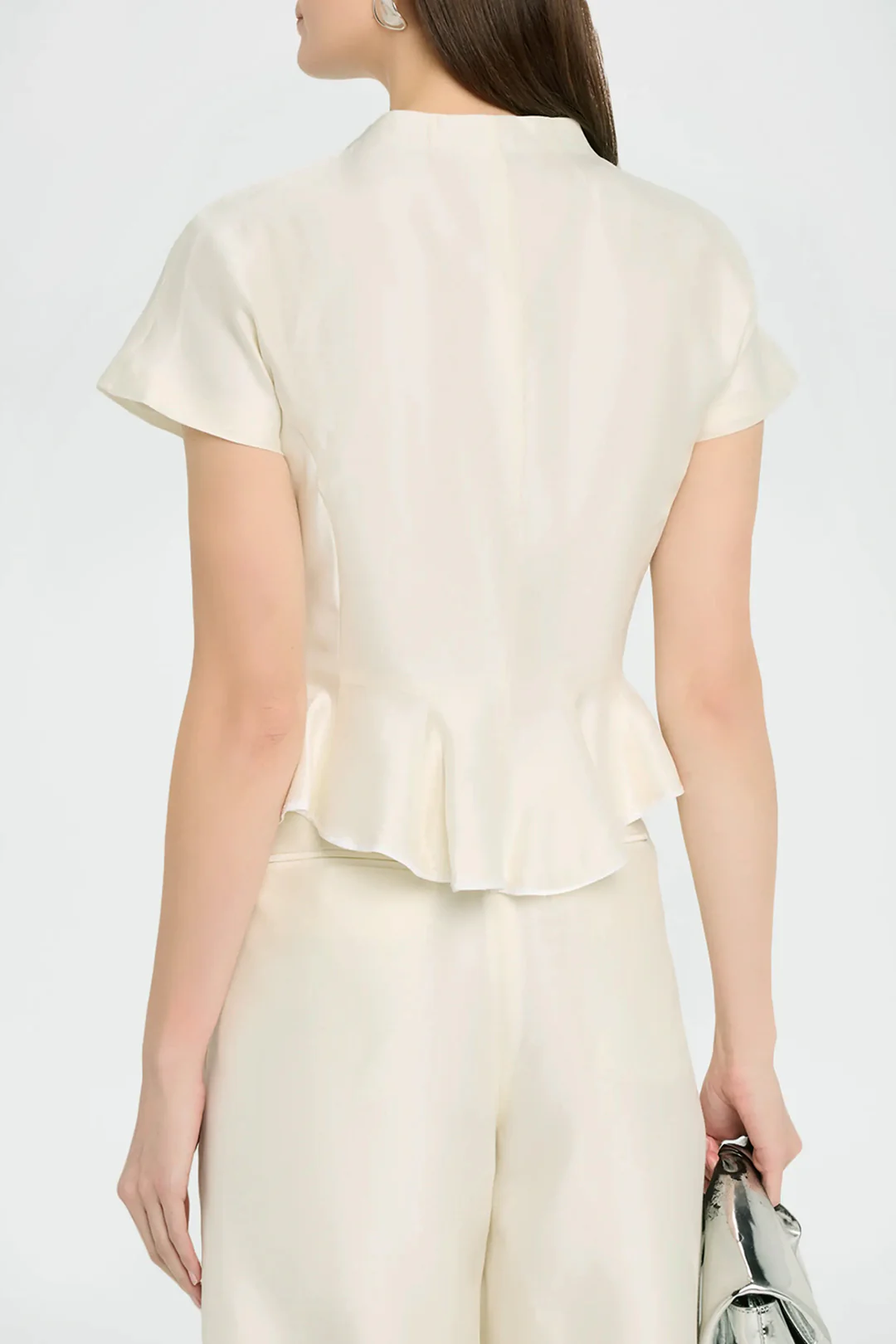 Mock Neck Ruffle Hem Zipper Short-Sleeve Shirt - Flockneti