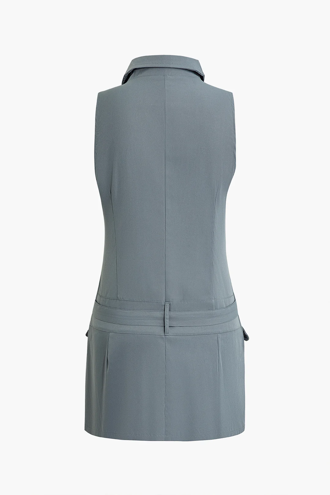 V-Neck Zipper Pocket Belted Sleeveless Mini Dress - Flockneti