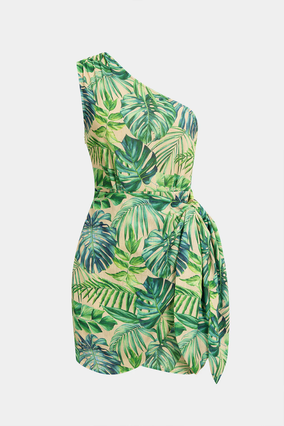 Leaves Print One Shoulder Tie-Up Ruched Sleeveless Mini Dress - Flockneti