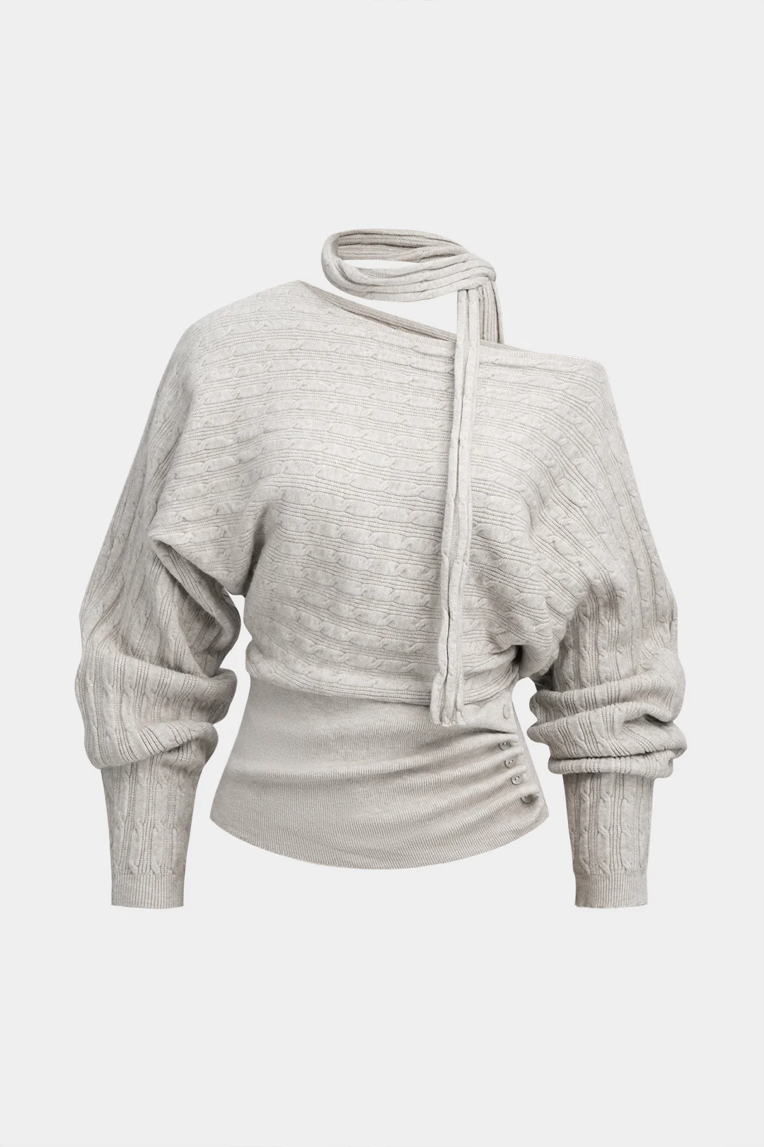 Cable Knit Asymmetrical Button Long-Sleeve Top - Flockneti