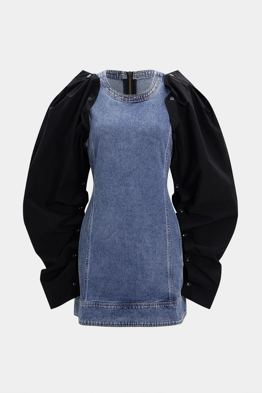 Denim Patchwork Round Neck Button Zipper Long-Sleeve Mini Dress - Flockneti