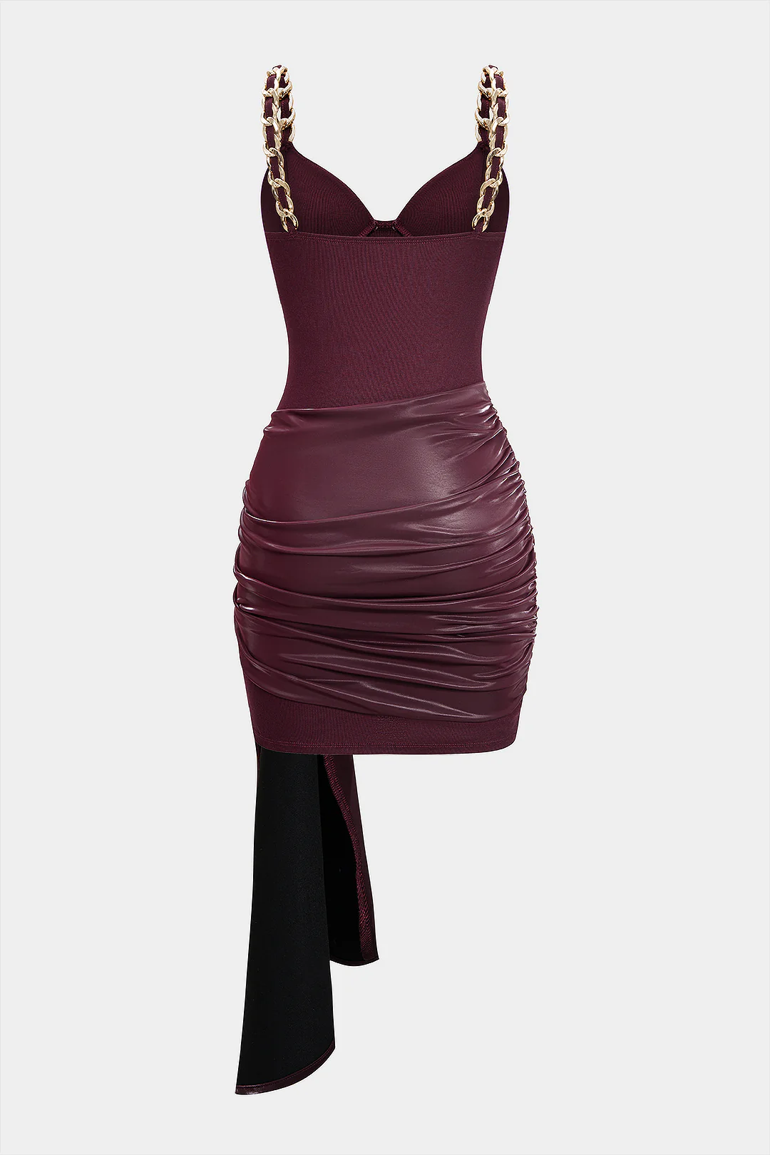 Faux Leather Chain Patchwork Ruched Sleeveless Mini Dress - Flockneti