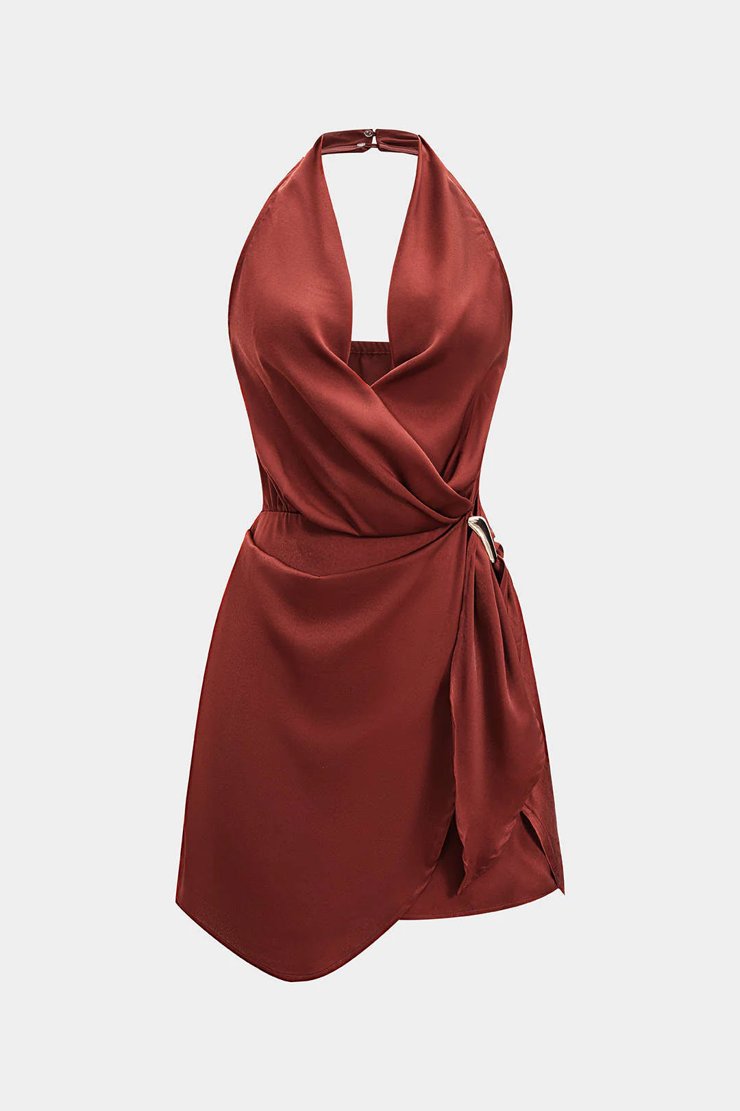 Satin Halter Neck Ruched Backeless Sleeveless Mini Dress - Flockneti