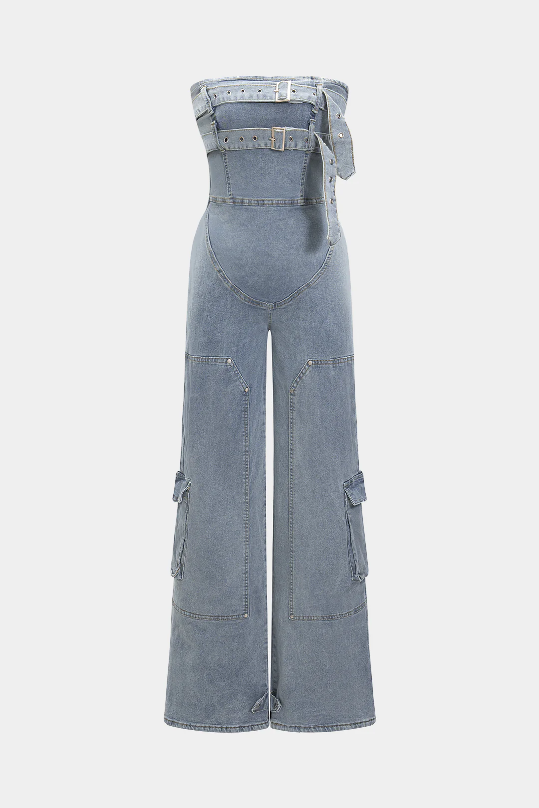 Denim Belted High Waist Strapless Sleeveless Jumpsuit - Flockneti