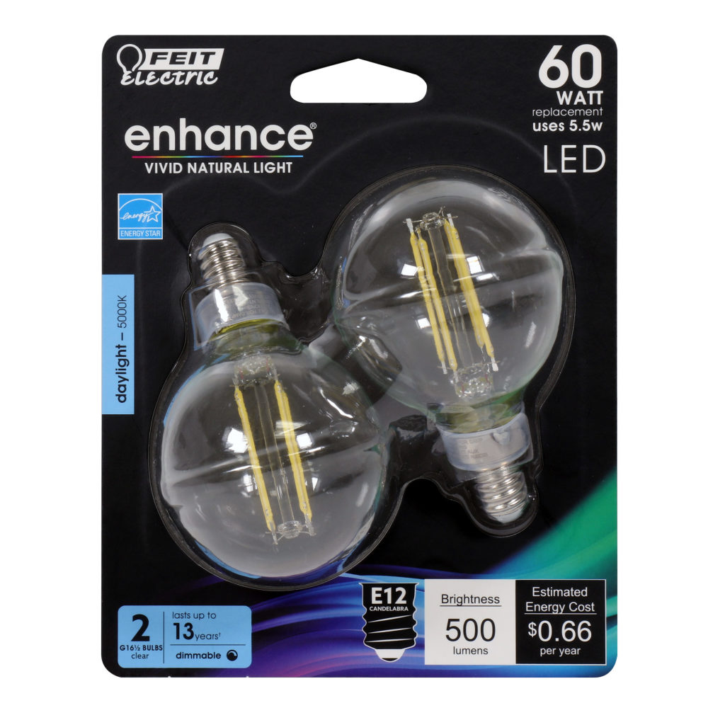 Feit Electric 60W G16.5 E12 5000K Dimmable LED Bulb 2pk - Flockneti