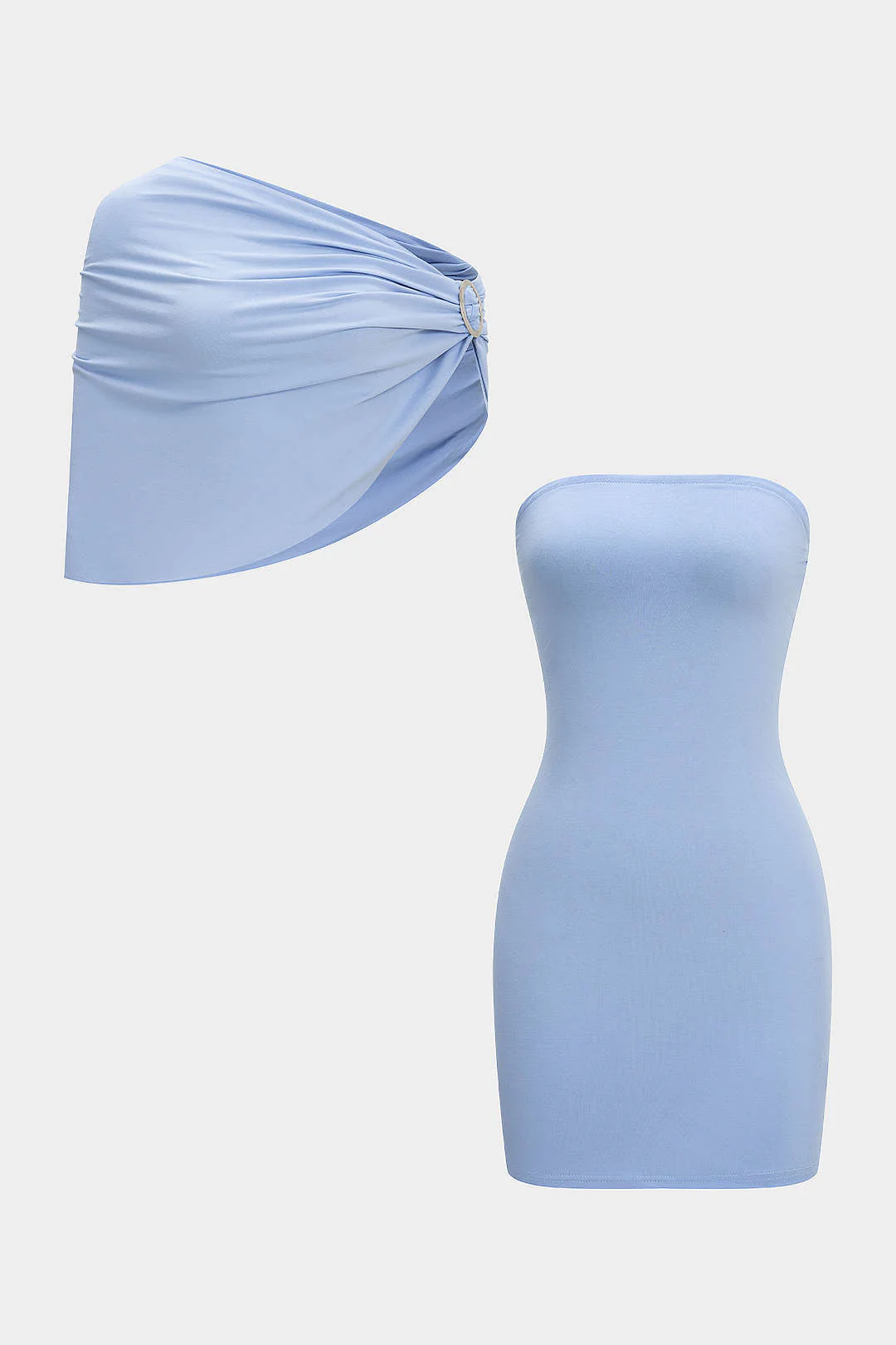 Solid Metallic Decor Asymmetrical Ruched Shawl And Strapless Sleeveless Dress Set - Flockneti