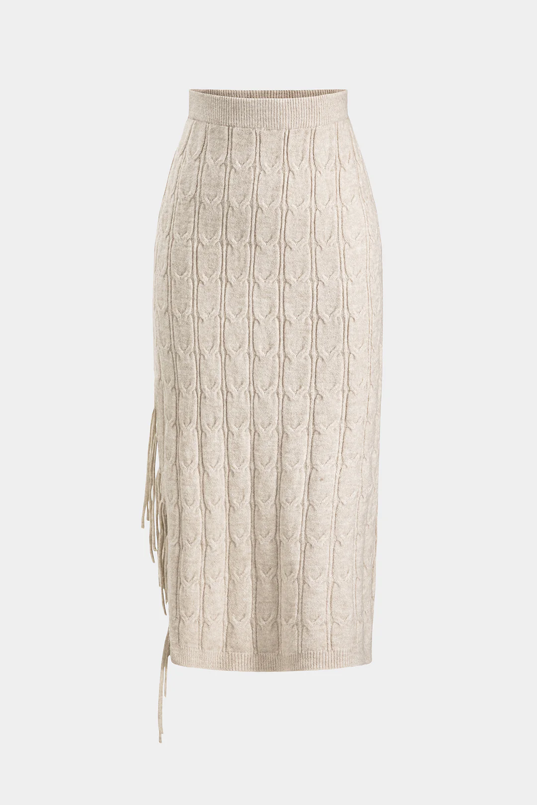 Cable Knit Fringe Long-Sleeve Top And Skirt Set - Flockneti