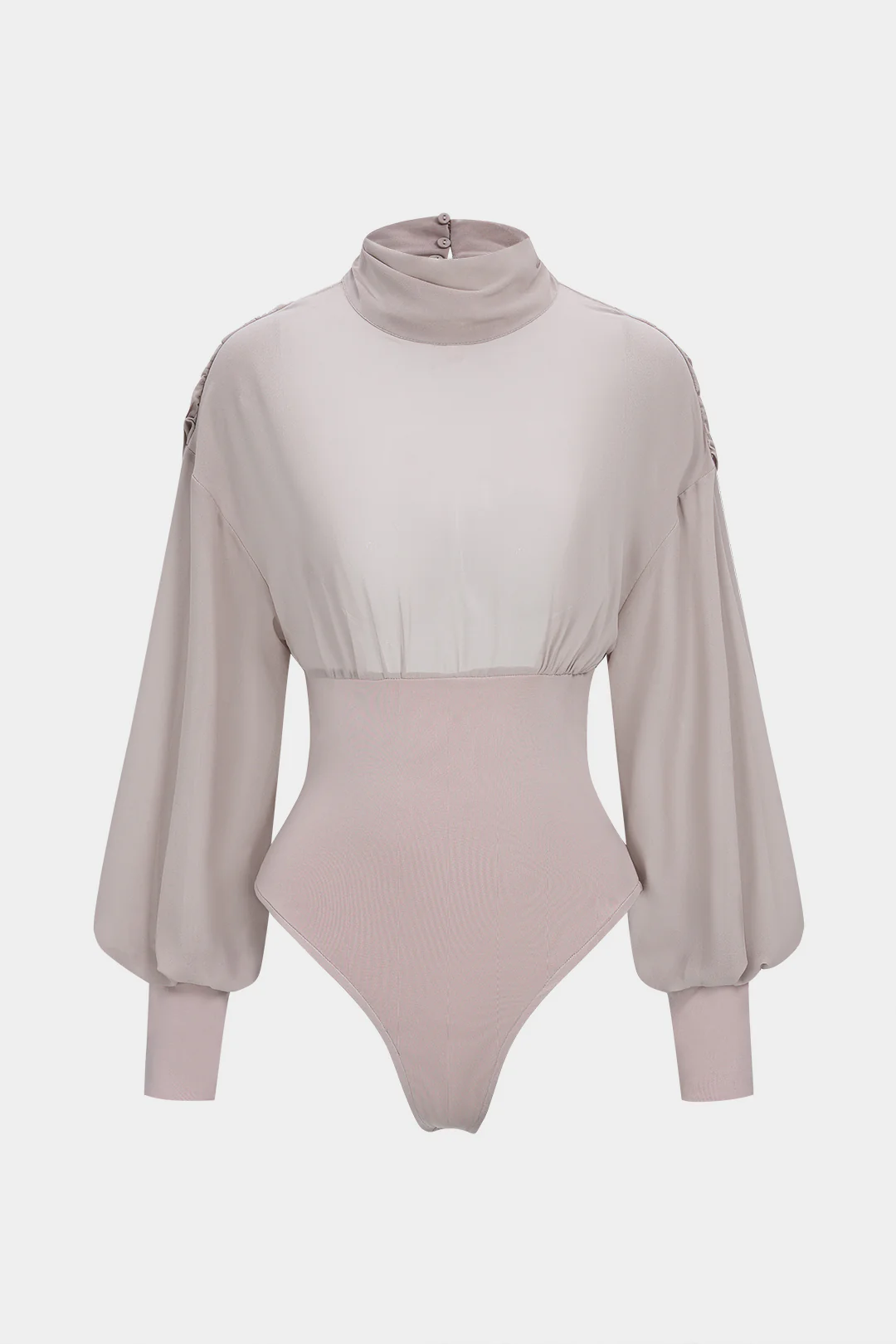Chiffon Patchwork Mock Neck Backless Long Sleeve Bodysuit - Flockneti