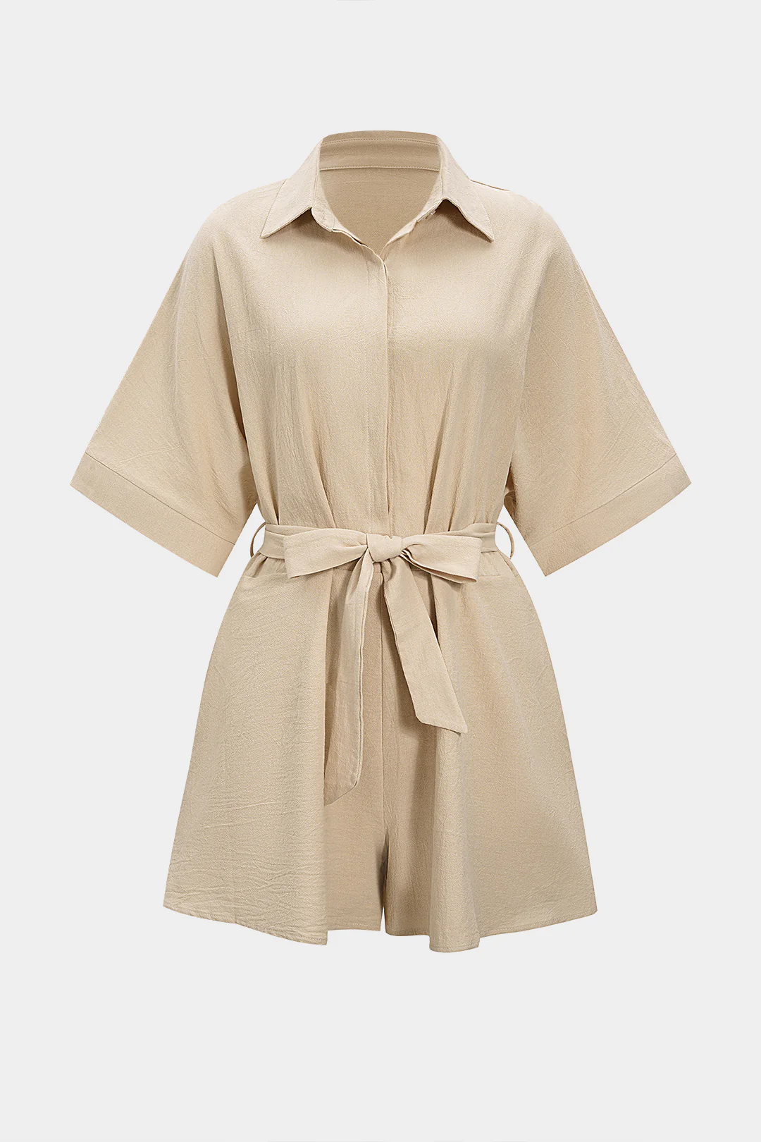Solid Belted Short-Sleeve Romper - Flockneti