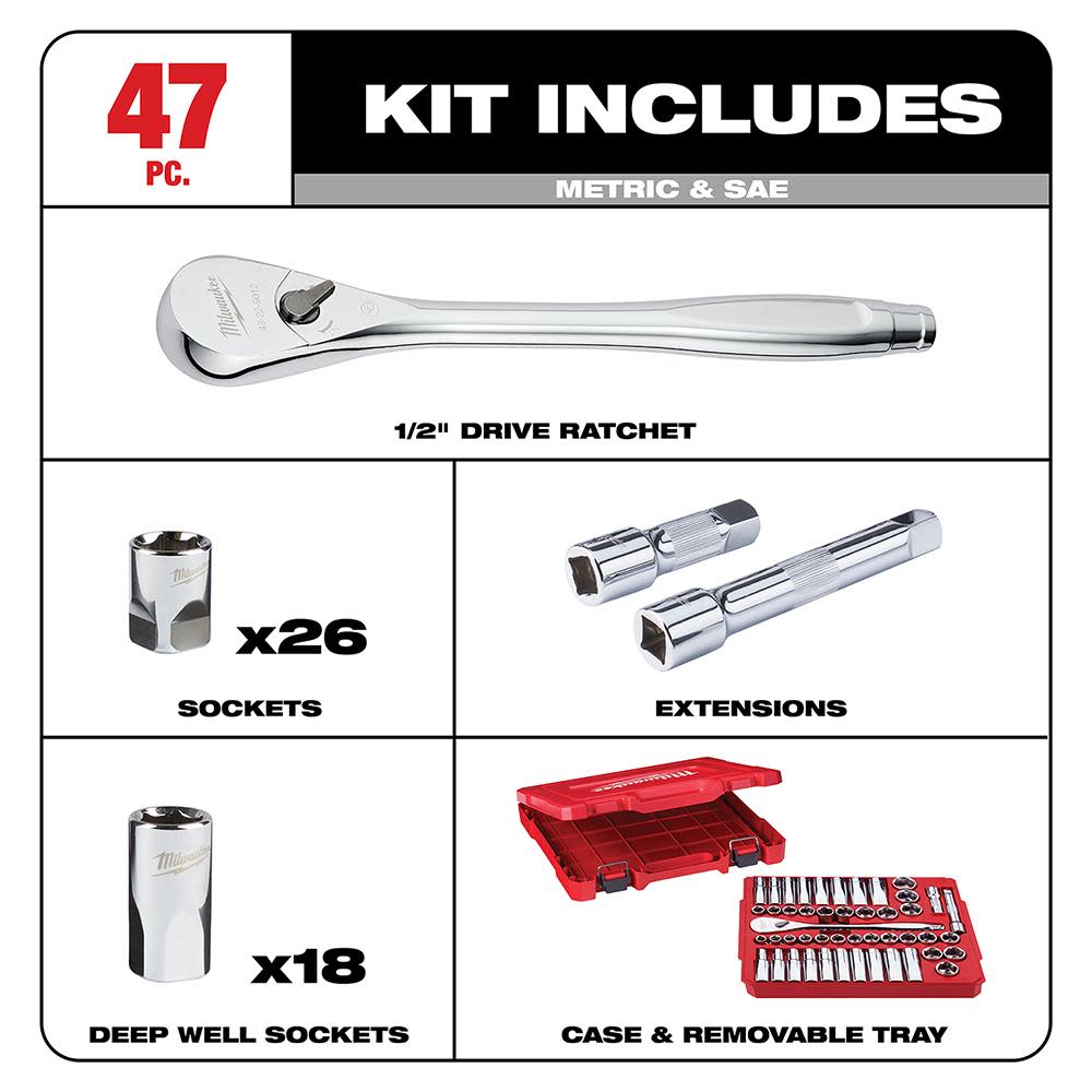 Milwaukee 47 pc. 1/2 in. Socket Wrench Set (SAE & Metric) - Flockneti