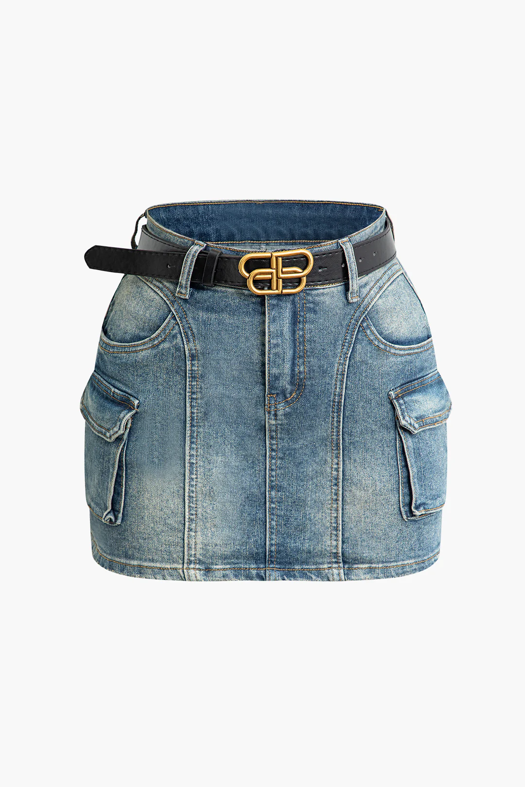 Denim 3D Pocket Metallic Decor High Waist Skirt - Flockneti