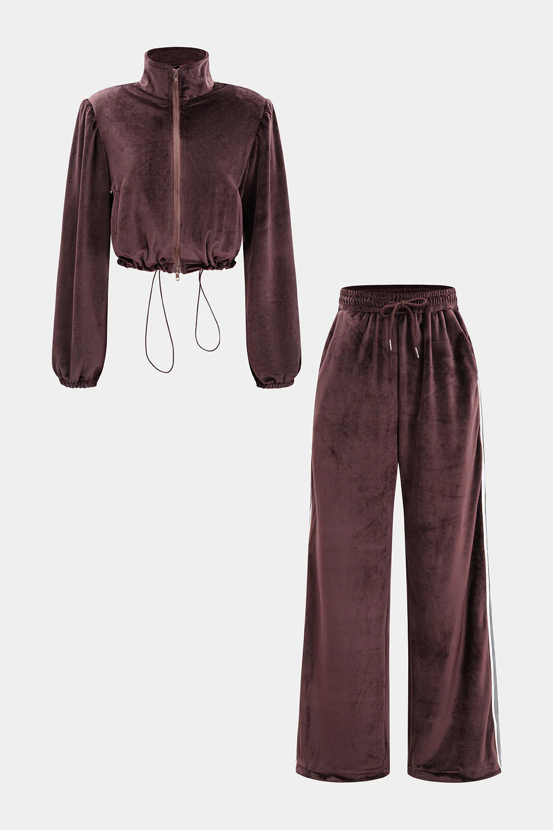 Velvet Stand Collar Zipper Long-Sleeve Top And Drawstring Pants Set - Flockneti
