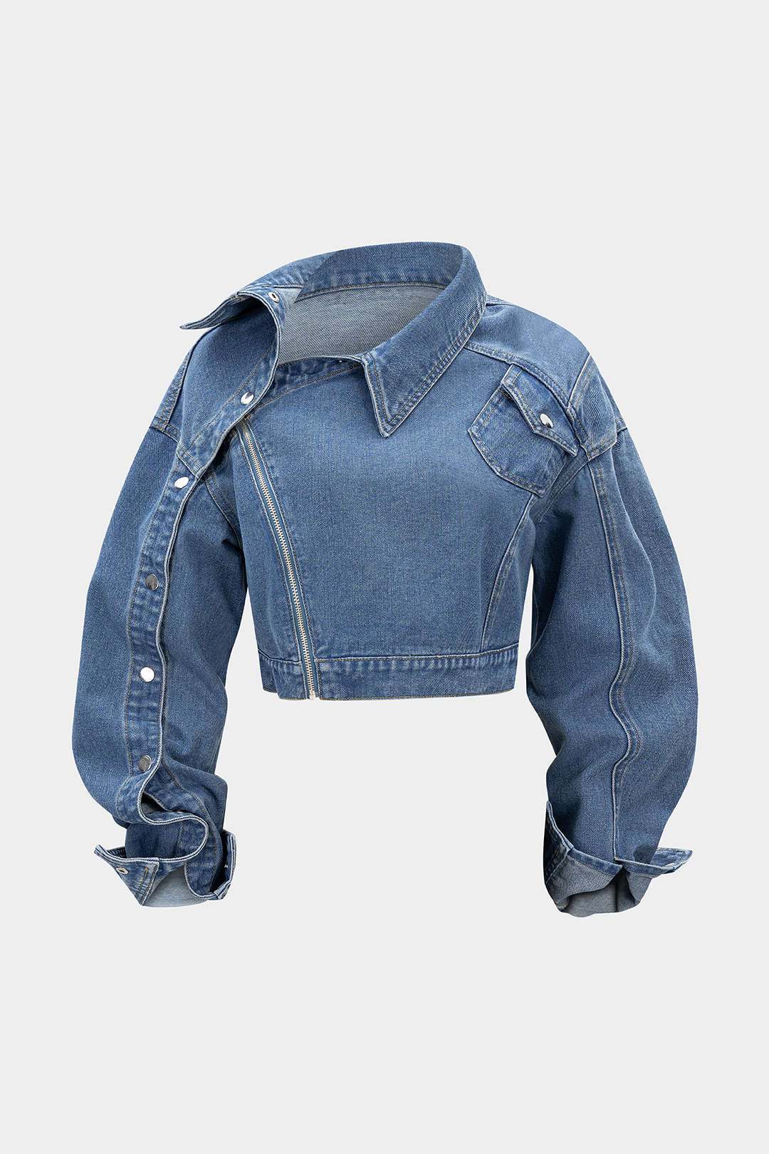 Denim  Asymmetrical Zipper Long-Sleeve Top - Flockneti