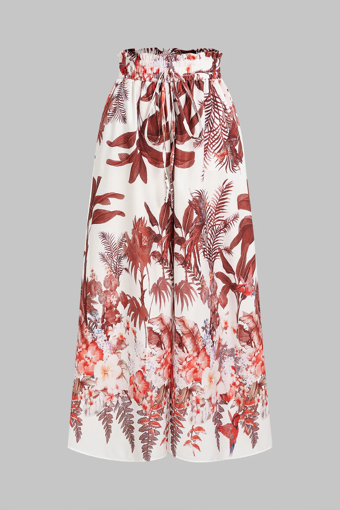 Floral Leaves Print Drawstring Pocket Wide Leg Pants - Flockneti
