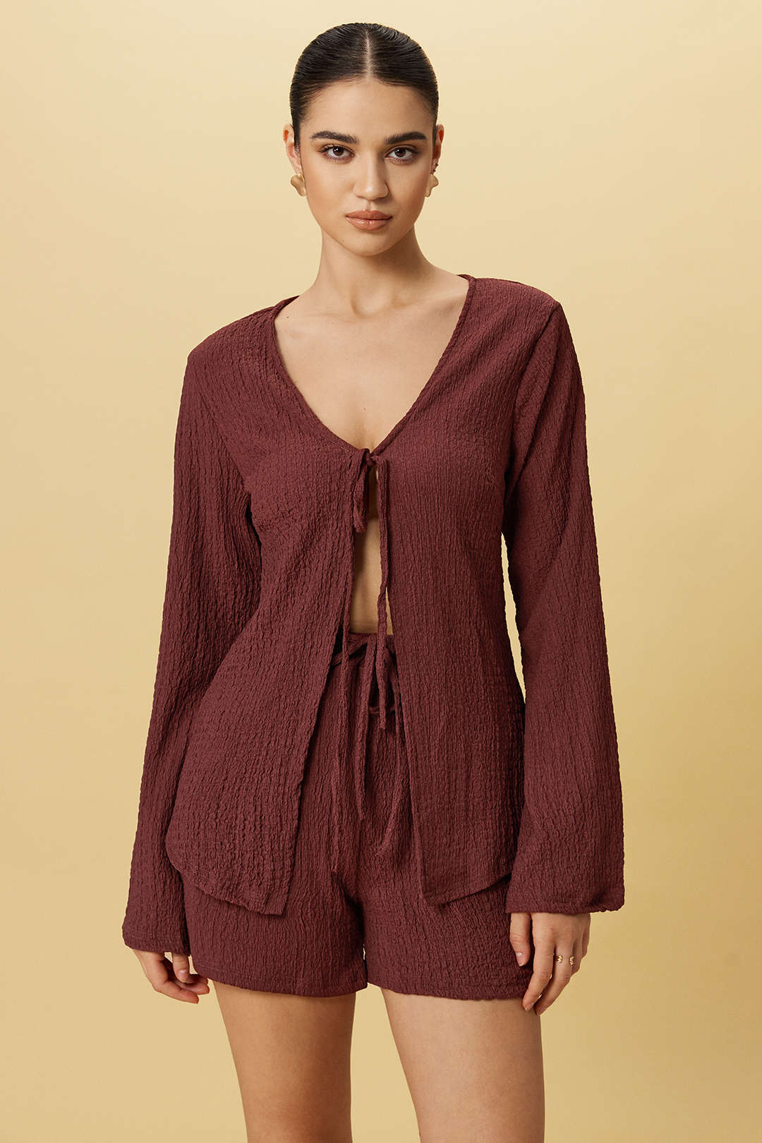 Tie-Up Ribbed Long-Sleeve Top And Shorts Set - Flockneti