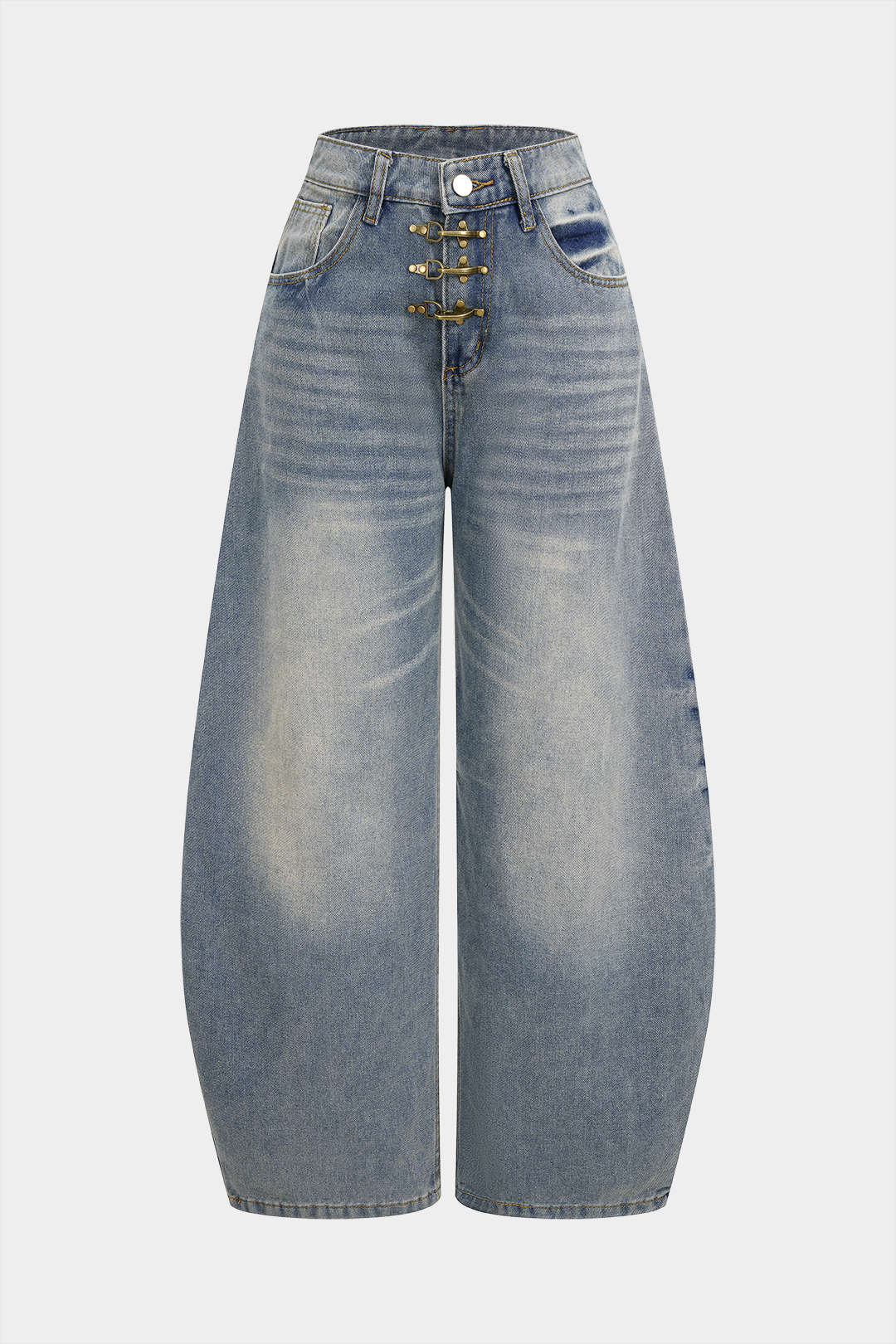 Denim Metallic Buckle Wide Leg Jeans - Flockneti