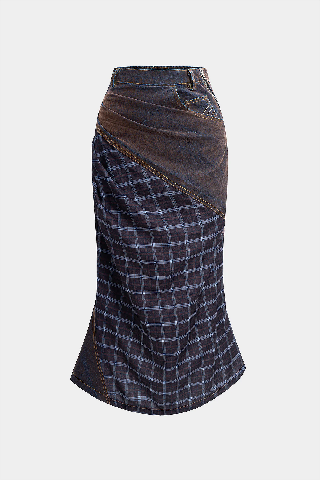 Denim Washed Plaid Print Patchwork Skirt - Flockneti
