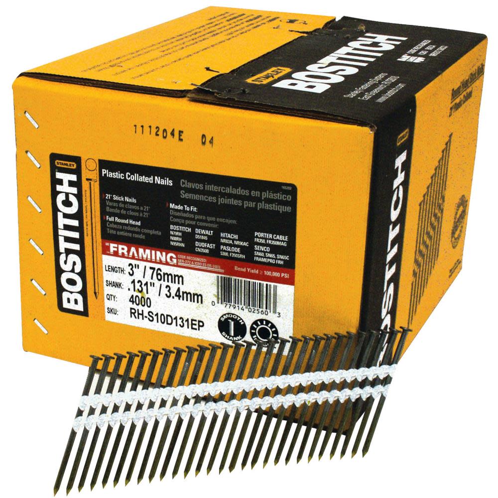Bostitch 4000-Qty. 3 In. x .131 Smooth Shank 21 Degree Plastic Collated Stick Framing Nails - Flockneti
