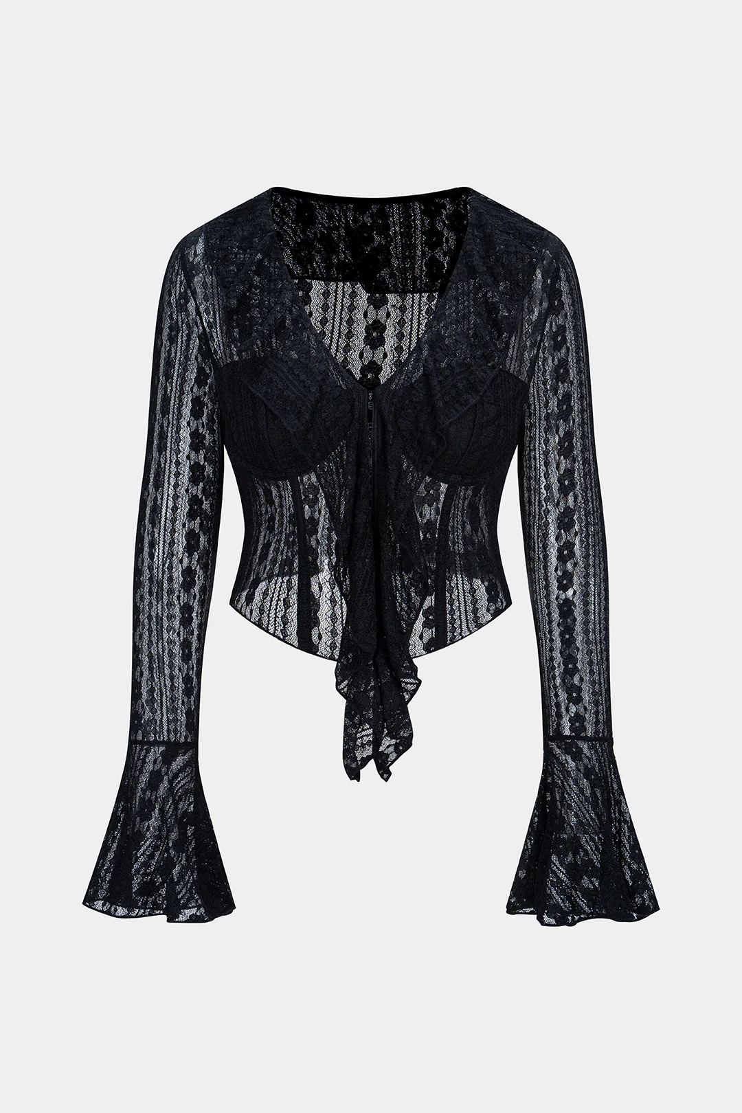 Lace Bustier Ruffle V-Neck Long-Sleeve Top - Flockneti