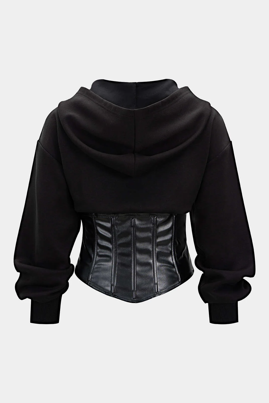 Faux Leather Patchwork Zipper Hoodie - Flockneti