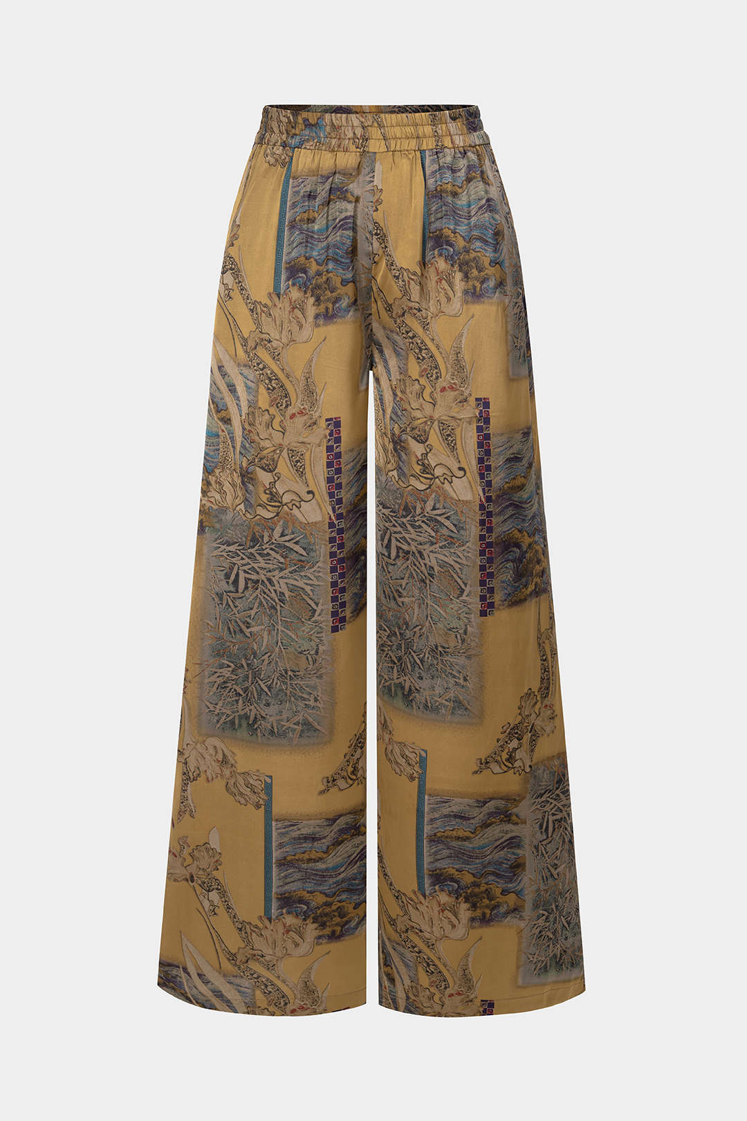 Abstract Print Satin Shirred Waistband Wide Leg Pants - Flockneti
