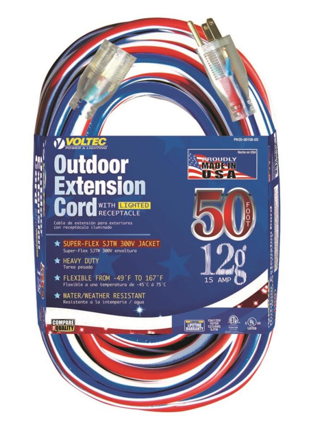 Voltec 50Ft 12/3 SJTW Red/White/Blue Extension Cord with Lighted Ends - Flockneti