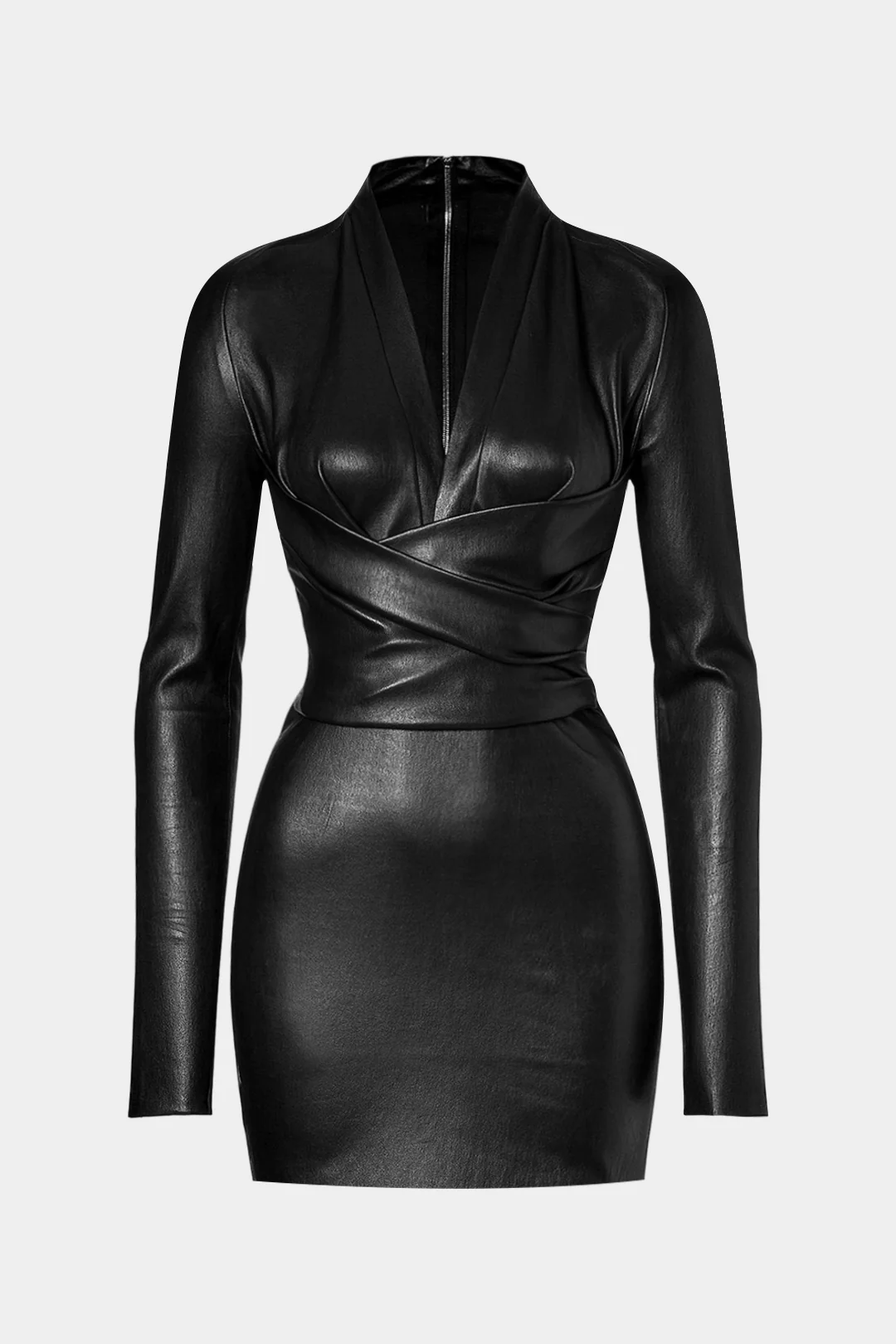 Faux Leather Crossed Ruched Long Sleeve Mini Dress - Flockneti