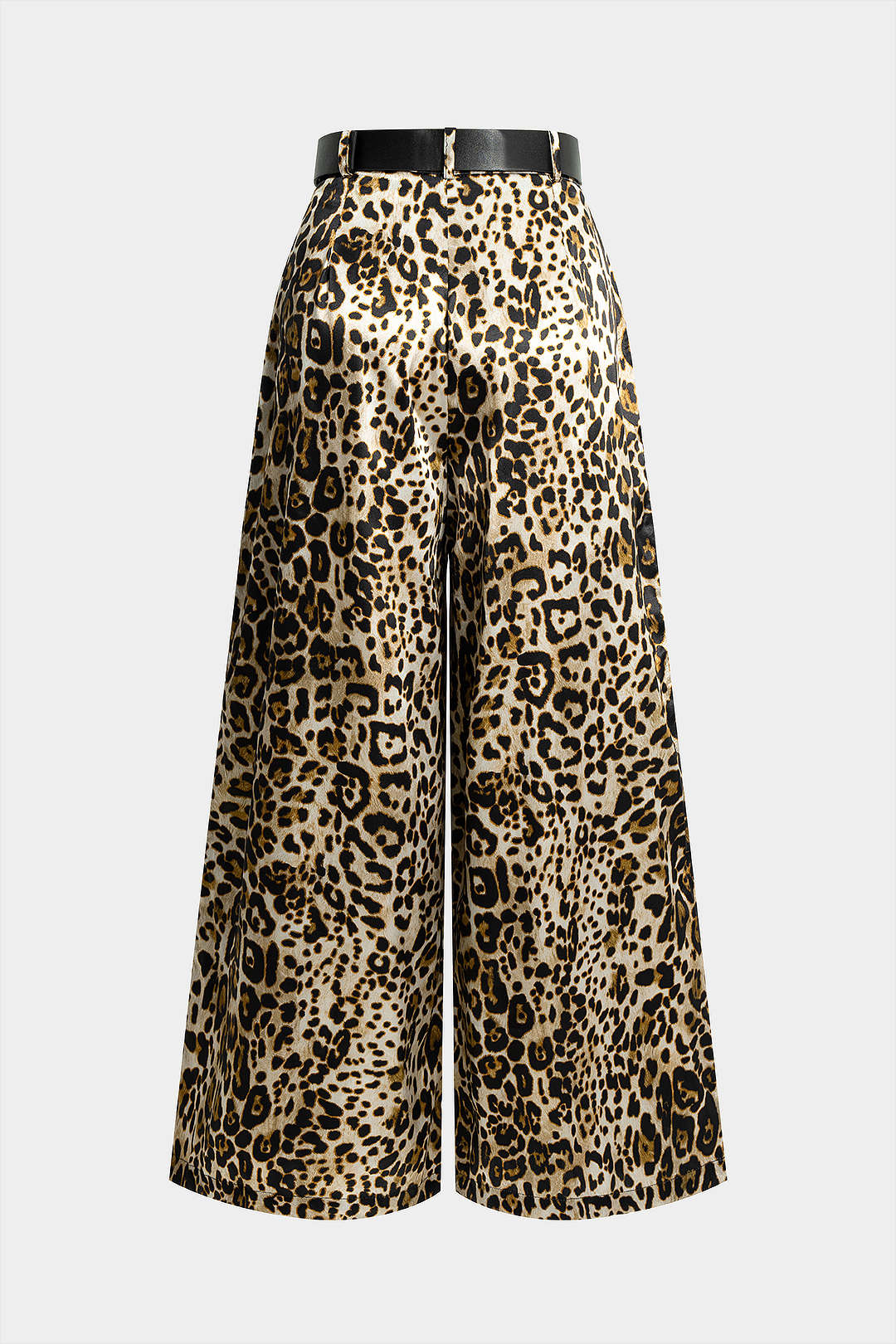 Leopard Print Satin Belted Straight Leg Trousers - Flockneti