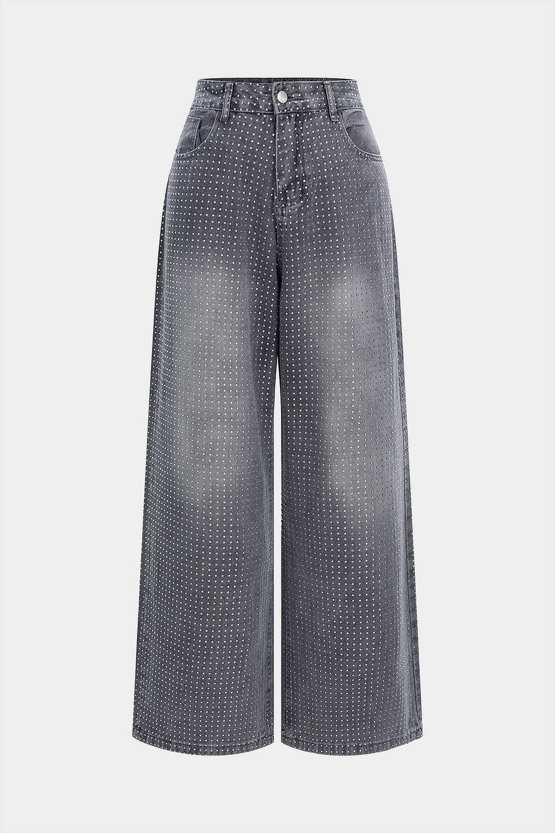Denim Rhinestone High Waist Straight Leg Jeans - Flockneti