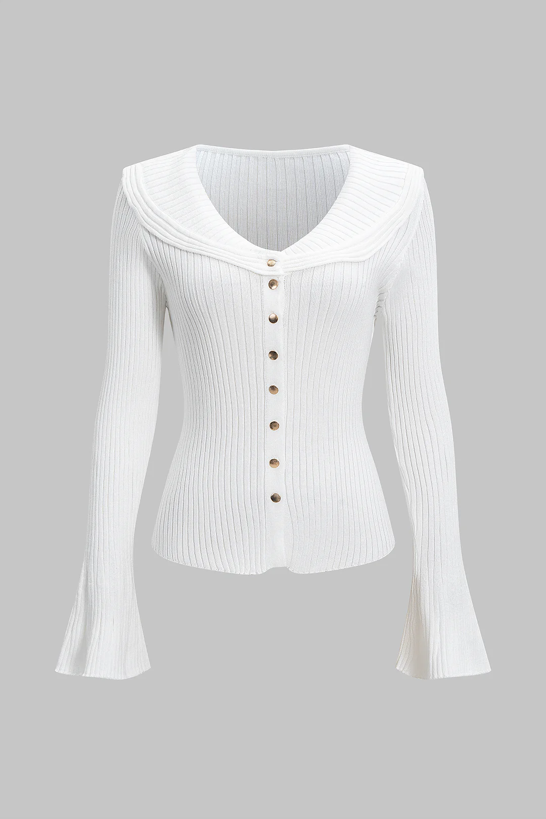 Ribbed Button Bell Sleeve Long-Sleeve Sweater Top - Flockneti
