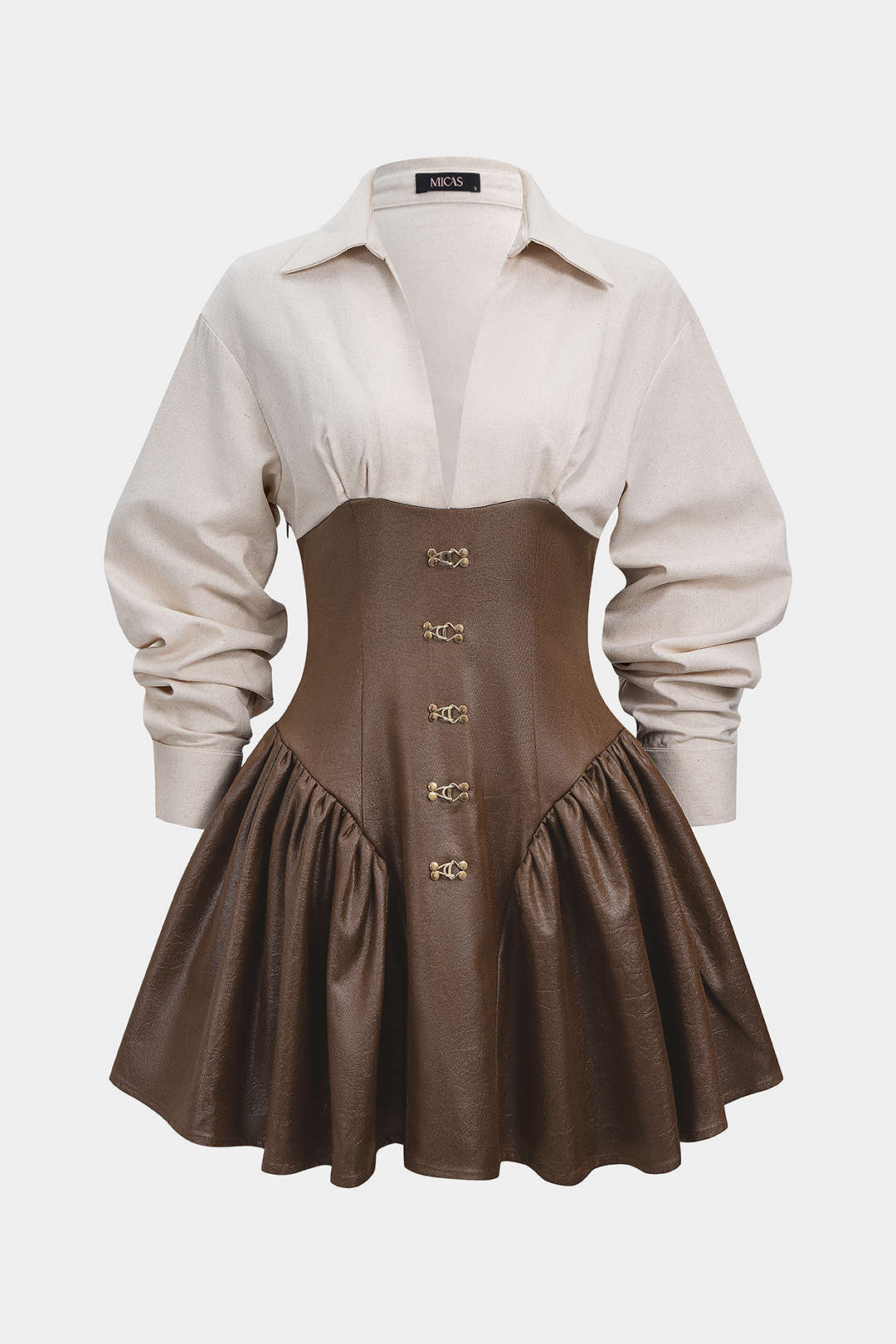 Faux Leather Patchwork Long Sleeve Mini Dress - Flockneti