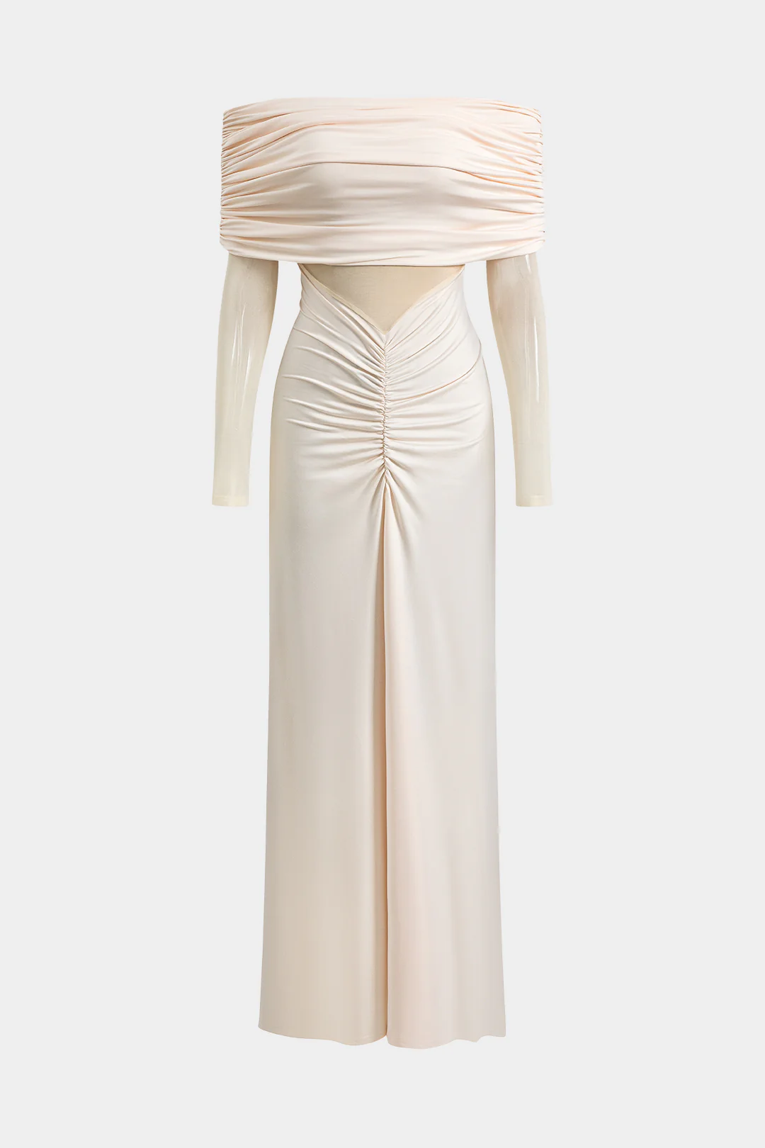 Mesh Off Shoulder Ruched Long Sleeve Maxi Dress - Flockneti