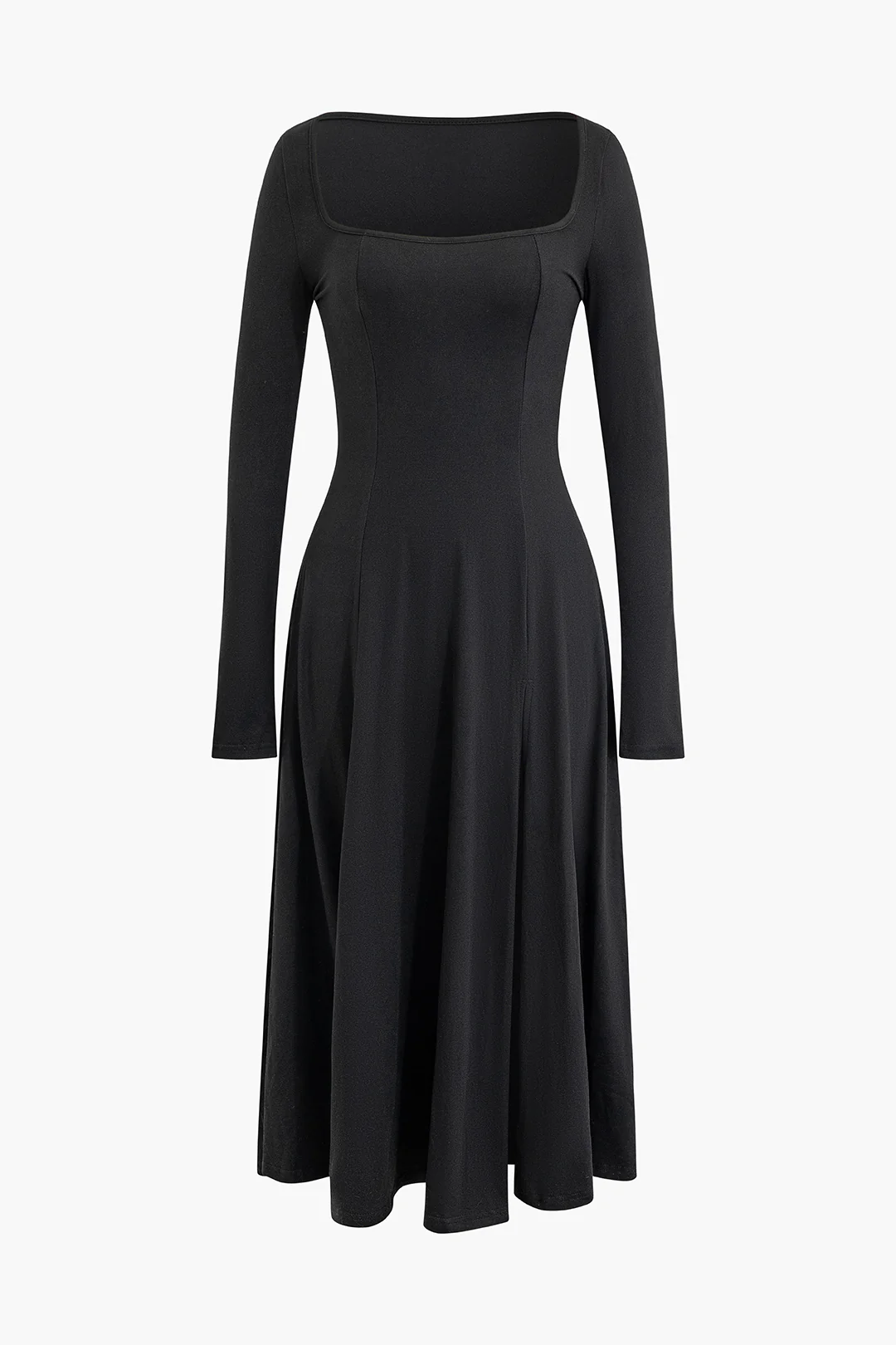 Solid U Neck Long Sleeve Midi Dress - Flockneti