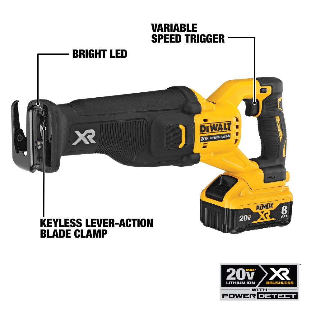 DEWALT 20V MAX* POWER DETECT XR Brushless Reciprocating Saw Kit - Flockneti