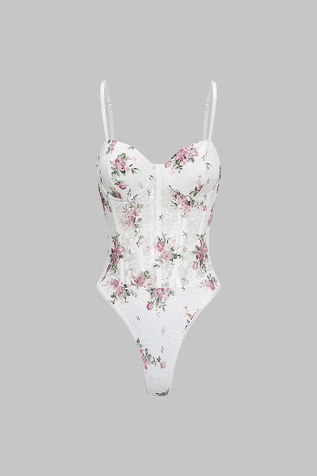Floral Print Sheer Slip Underwire Sleeveless Bodysuit - Flockneti