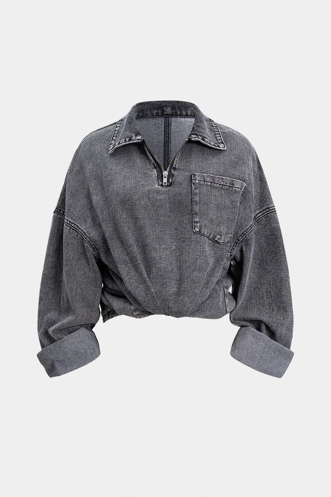 Denim Zipper Long Sleeve T-Shirt - Flockneti