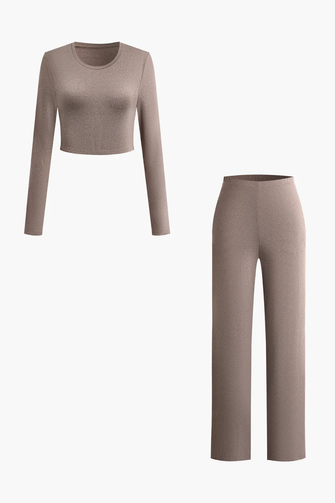Round Neck Long Sleeve Top And High Waist Pants Set - Flockneti