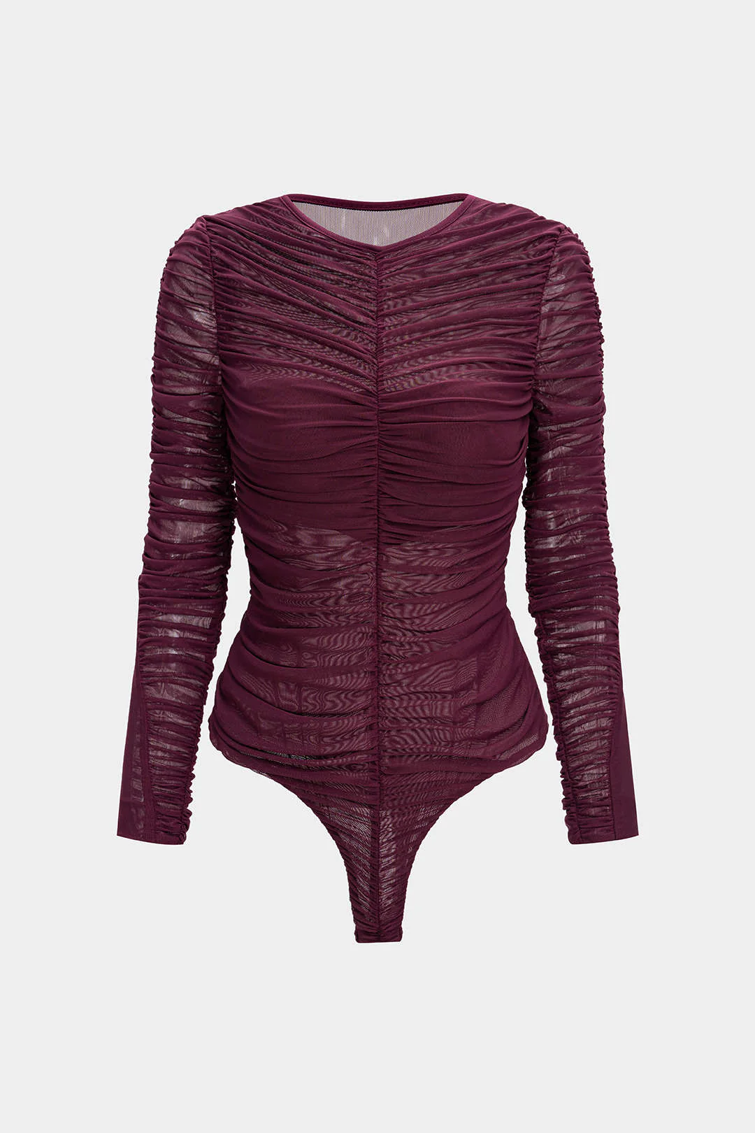 Mesh Round Neck Ruched Long-Sleeve Bodysuit - Flockneti