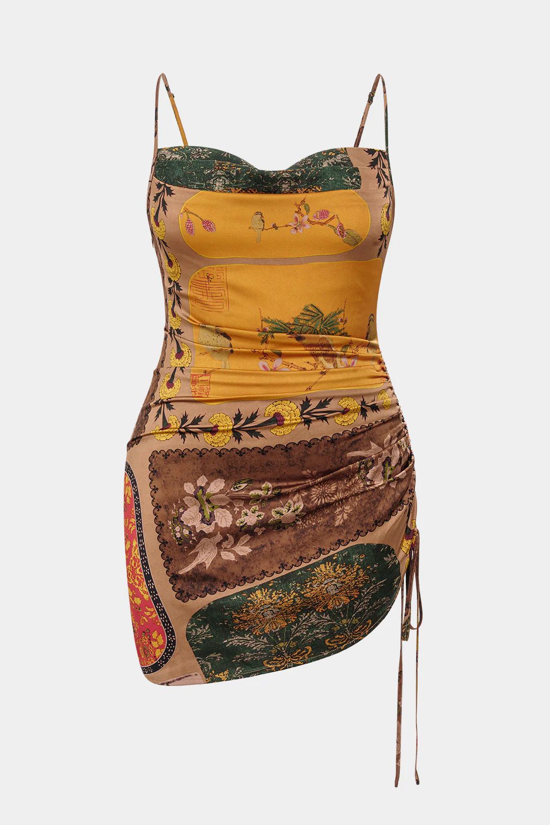 Plus Size Bohemian Print Cowl Neck Ruched Sleeveless Mini Dress - Flockneti